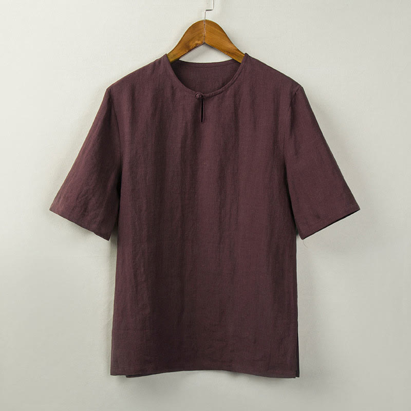 Buddha Stones Camicia da uomo tinta unita stile estivo con nodo e spacco laterale. - Rosso scuro - US/UK/AU46, EU56 (5XL) - image 2