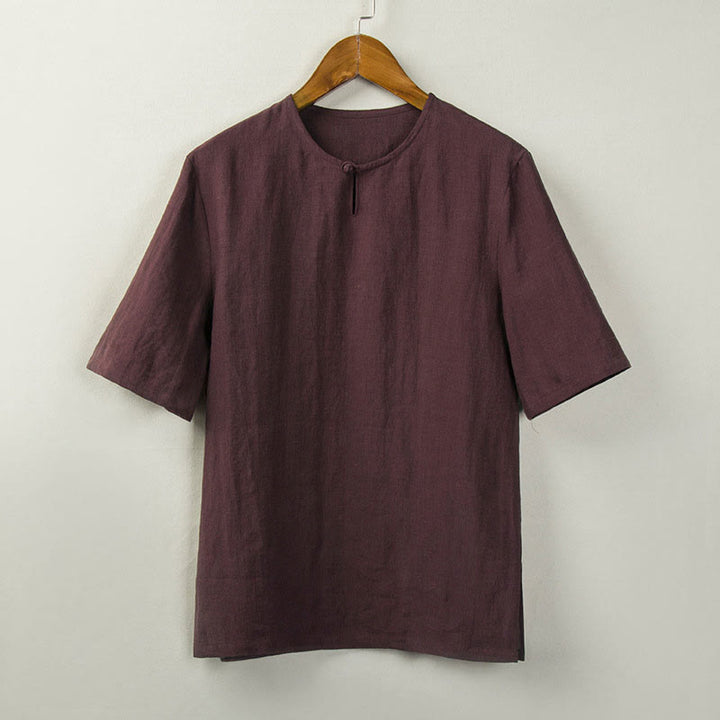 Buddha Stones Camicia da uomo tinta unita stile estivo con nodo e spacco laterale. - Rosso scuro - US/UK/AU46, EU56 (5XL) - image 2