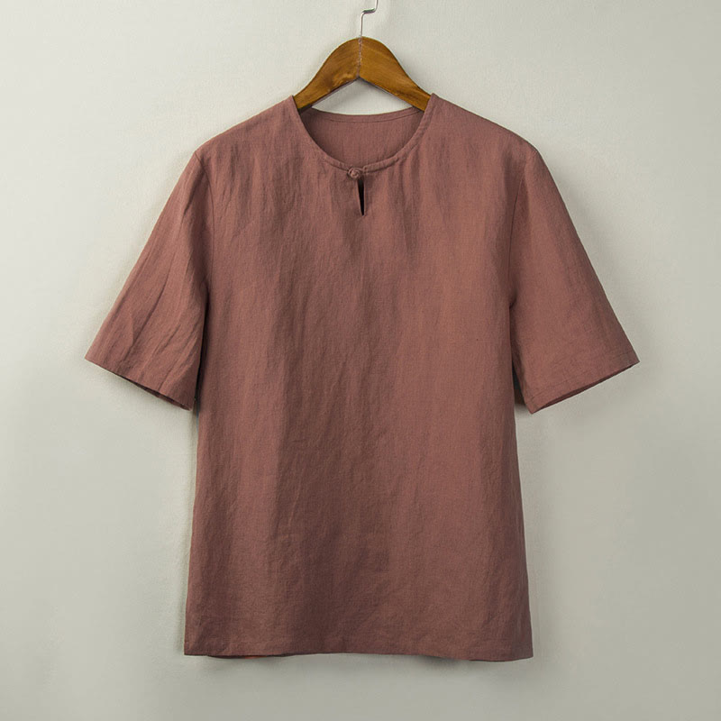 Buddha Stones Camicia da uomo tinta unita stile estivo con nodo e spacco laterale. - Salmone scuro - US/UK/AU46, EU56 (5XL) - image 6