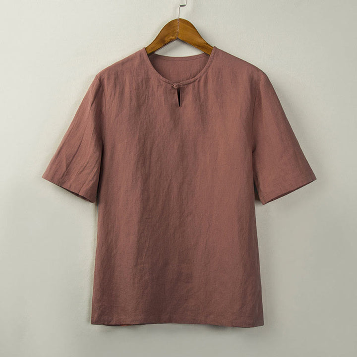Buddha Stones Camicia da uomo tinta unita stile estivo con nodo e spacco laterale. - Salmone scuro - US/UK/AU46, EU56 (5XL) - image 6