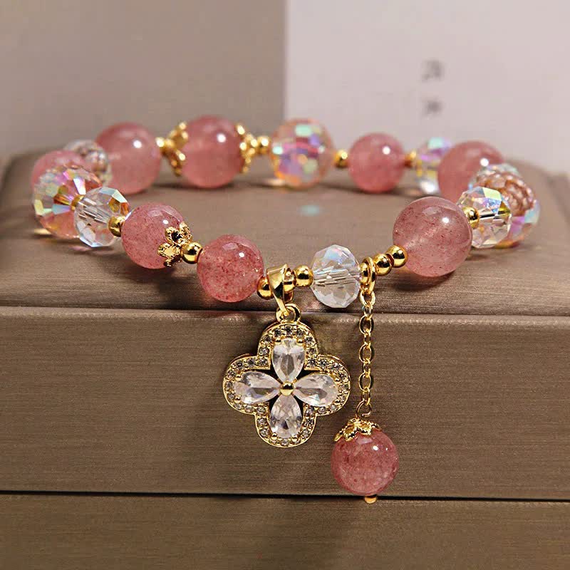 Buddha Stones Braccialetto con perline e nappina a forma di quadrifoglio e quarzo fragola. - Quarzo Fragola (Amore ♥ Guarigione) - image 0