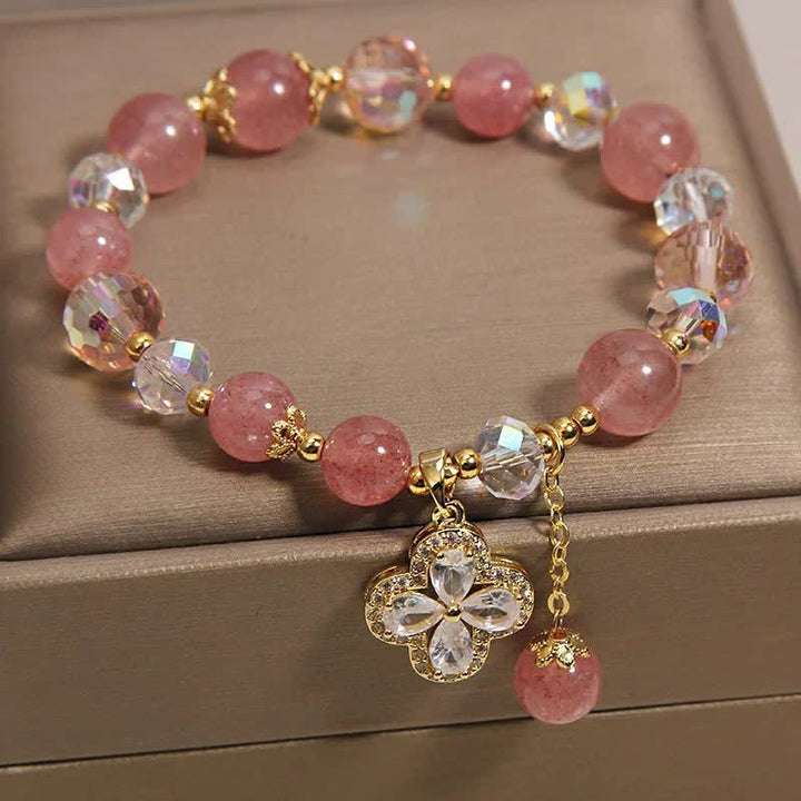 Buddha Stones Braccialetto con perline e nappina a forma di quadrifoglio e quarzo fragola. - image 3