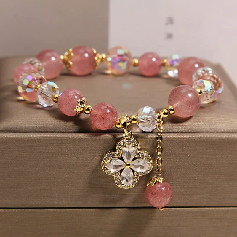 Buddha Stones Braccialetto con perline e nappina a forma di quadrifoglio e quarzo fragola. - image 1