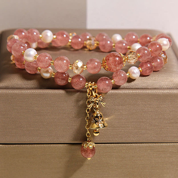 Buddha Stones Bracciale doppio avvolgente con perla di quarzo fragola e farfalla "Amore" - Quarzo Fragola (Amore ♥ Guarigione) - image 0