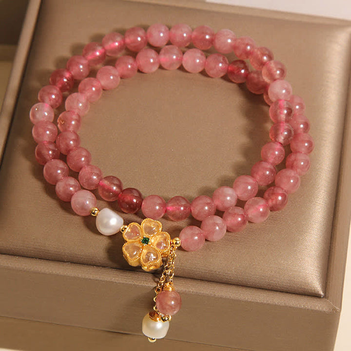 Buddha Stones Bracciale doppio avvolgente con perla di quarzo fragola e trifoglio "Amore" - image 4