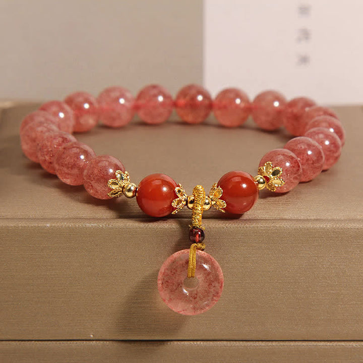 Buddha Stones Bracciale con fibbia Peace in quarzo fragola e perline rotonde a forma di cuore - Quarzo Fragola (Amore ♥ Guarigione) - image 0
