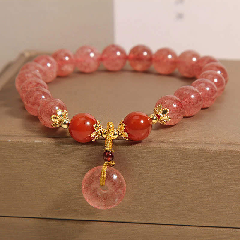 Buddha Stones Bracciale con fibbia Peace in quarzo fragola e perline rotonde a forma di cuore - image 1