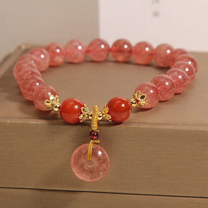 Buddha Stones Bracciale con fibbia Peace in quarzo fragola e perline rotonde a forma di cuore - image 1