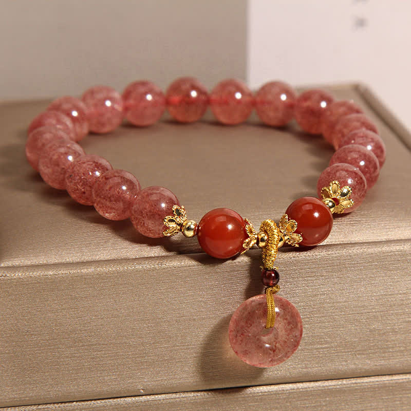 Buddha Stones Bracciale con fibbia Peace in quarzo fragola e perline rotonde a forma di cuore - image 2