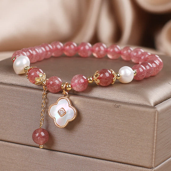 Buddha Stones Bracciale con perle di quarzo fragola, conchiglia e quadrifoglio, perline rotonde a forma di cuore. - image 4