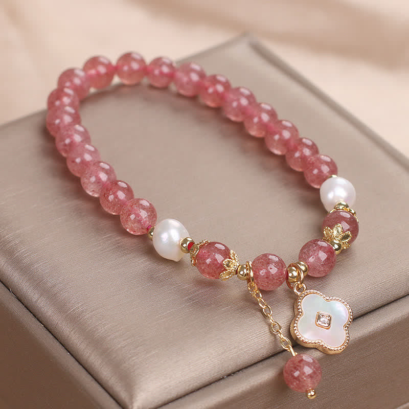 Buddha Stones Bracciale con perle di quarzo fragola, conchiglia e quadrifoglio, perline rotonde a forma di cuore. - image 6