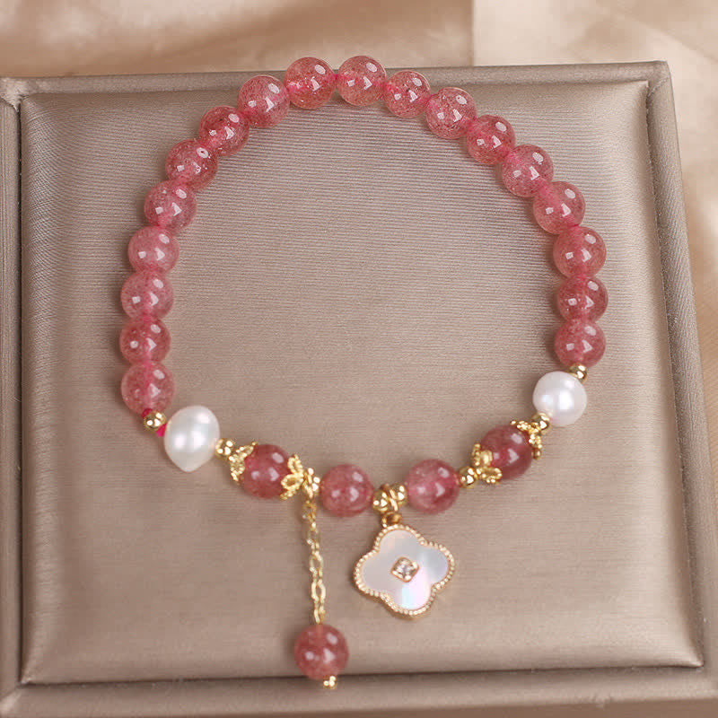 Buddha Stones Bracciale con perle di quarzo fragola, conchiglia e quadrifoglio, perline rotonde a forma di cuore. - image 9