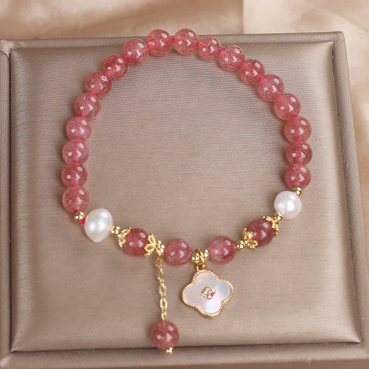 Buddha Stones Bracciale con perle di quarzo fragola, conchiglia e quadrifoglio, perline rotonde a forma di cuore. - image 9