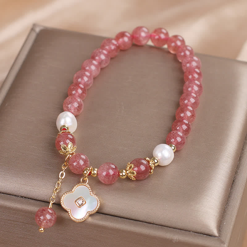 Buddha Stones Bracciale con perle di quarzo fragola, conchiglia e quadrifoglio, perline rotonde a forma di cuore. - image 7