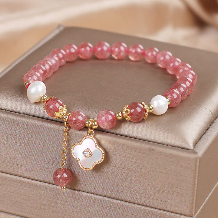 Buddha Stones Bracciale con perle di quarzo fragola, conchiglia e quadrifoglio, perline rotonde a forma di cuore. - image 3