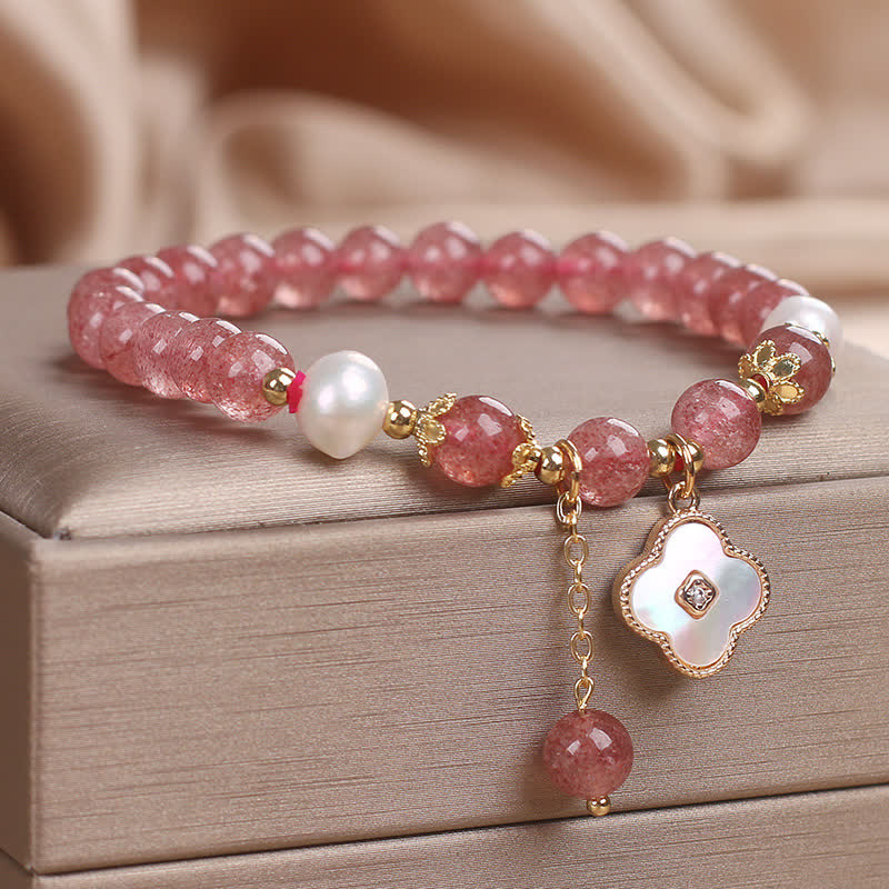 Buddha Stones Bracciale con perle di quarzo fragola, conchiglia e quadrifoglio, perline rotonde a forma di cuore. - image 2
