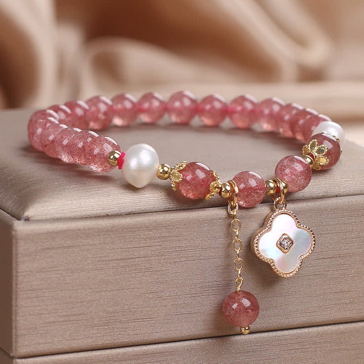 Buddha Stones Bracciale con perle di quarzo fragola, conchiglia e quadrifoglio, perline rotonde a forma di cuore. - image 2