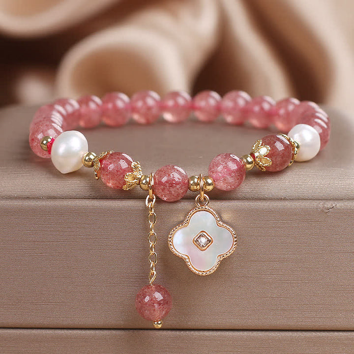 Buddha Stones Bracciale con perle di quarzo fragola, conchiglia e quadrifoglio, perline rotonde a forma di cuore. - Quarzo Fragola (Amore ♥ Guarigione) - image 0