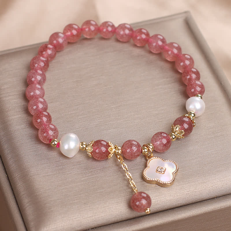 Buddha Stones Bracciale con perle di quarzo fragola, conchiglia e quadrifoglio, perline rotonde a forma di cuore. - image 8