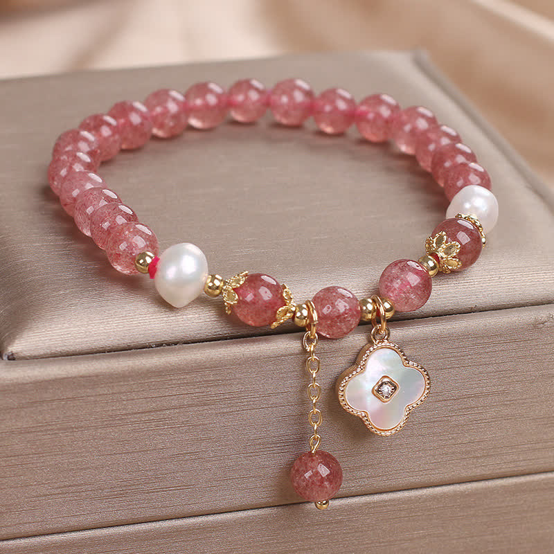 Buddha Stones Bracciale con perle di quarzo fragola, conchiglia e quadrifoglio, perline rotonde a forma di cuore. - image 1