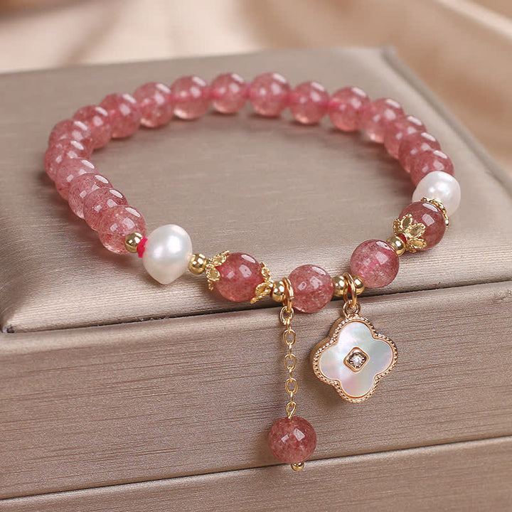 Buddha Stones Bracciale con perle di quarzo fragola, conchiglia e quadrifoglio, perline rotonde a forma di cuore. - image 1