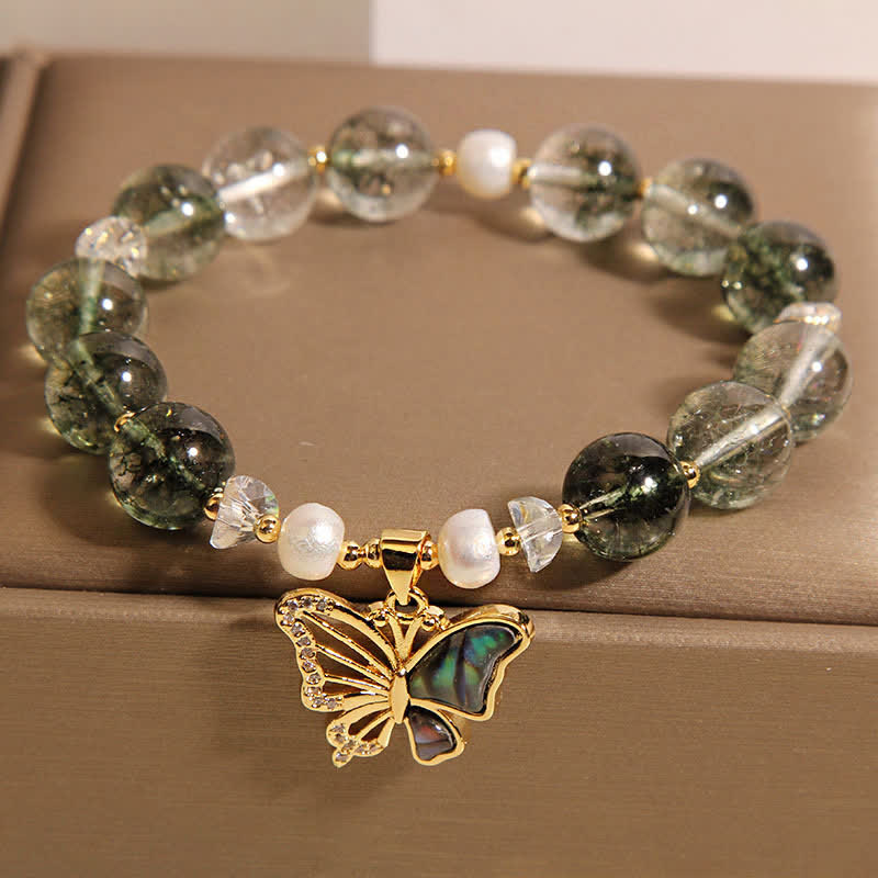 Buddha Stones Bracciale a farfalla con perline e accenti di perla verde fantasma. - image 3