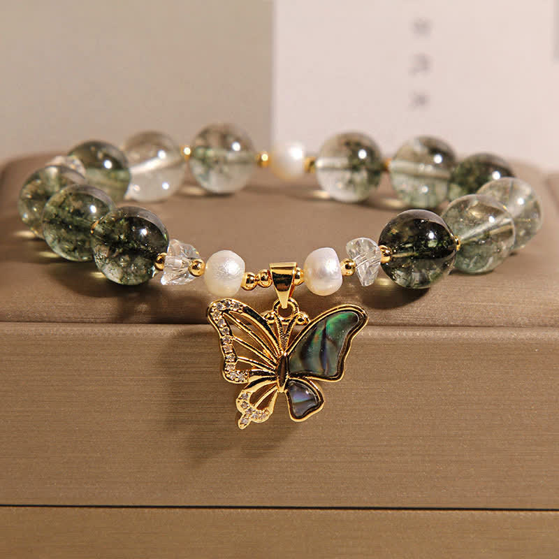 Buddha Stones Bracciale a farfalla con perline e accenti di perla verde fantasma. - Fantasma Verde (Fortunato ♥ Positivo) - image 0