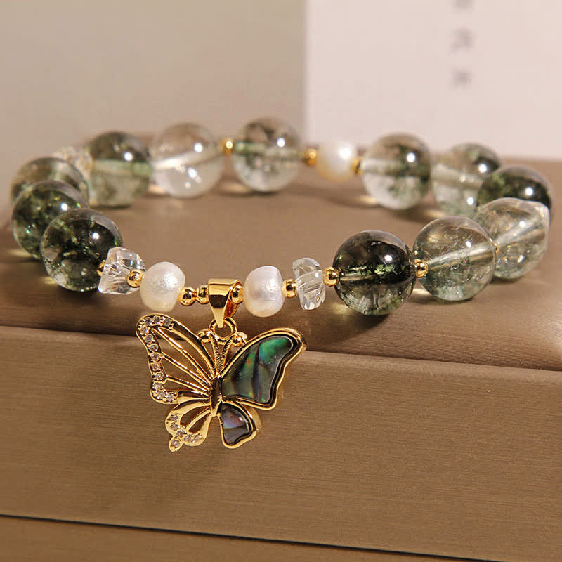 Buddha Stones Bracciale a farfalla con perline e accenti di perla verde fantasma. - image 1