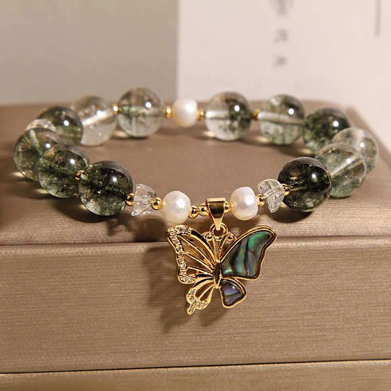 Buddha Stones Bracciale a farfalla con perline e accenti di perla verde fantasma. - image 2