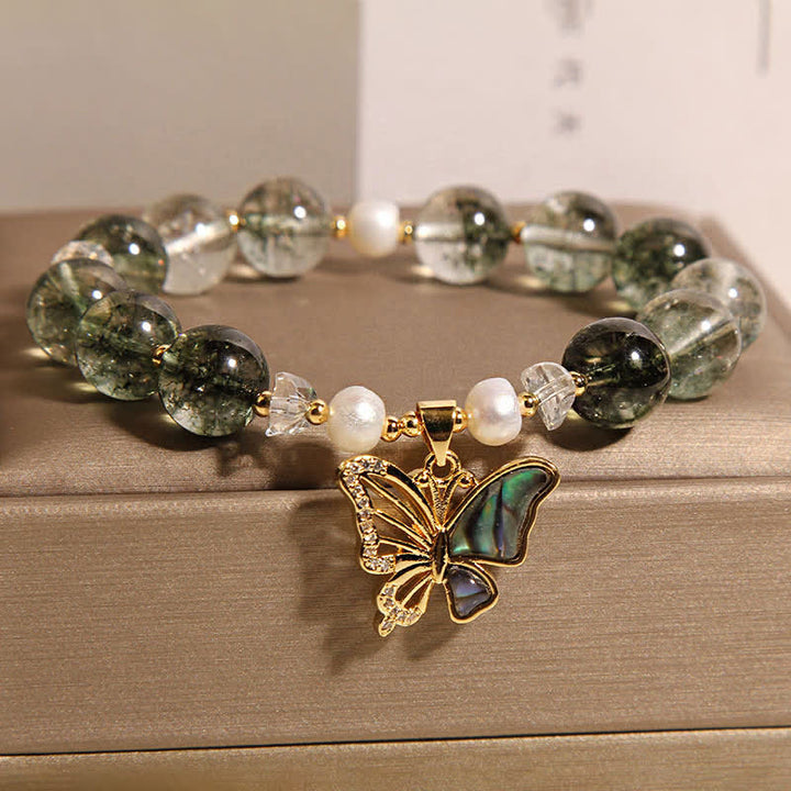 Buddha Stones Bracciale a farfalla con perline e accenti di perla verde fantasma. - image 2