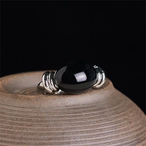 Buddha Stones Anello di supporto regolabile in ematite con motivo ovale - Argento (taglia US 7 regolabile) - image 0