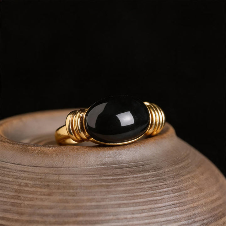 Buddha Stones Anello di supporto regolabile in ematite con motivo ovale - Dorato (taglia US 7 regolabile) - image 9