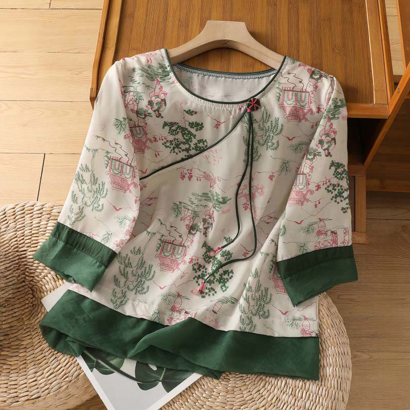 Buddha Stones Camicie da donna a maniche a tre quarti con bottoni a rana in stile estivo Tang e motivo floreale a padiglione. - Bianco - US8-10, UK/AU12-14, EU40-42 (2XL) - image 0
