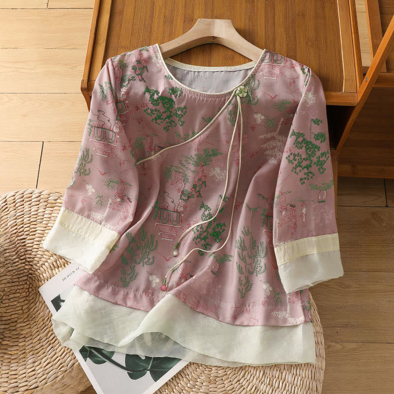 Buddha Stones Camicie da donna a maniche a tre quarti con bottoni a rana in stile estivo Tang e motivo floreale a padiglione. - Rosa chiaro - US8-10, UK/AU12-14, EU40-42 (2XL) - image 4