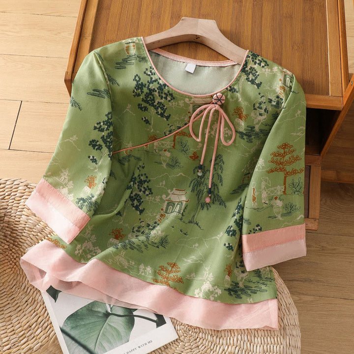 Buddha Stones Camicie da donna a maniche a tre quarti con bottoni a rana in stile estivo Tang e motivo floreale a padiglione. - Verde pallido - US8-10, UK/AU12-14, EU40-42 (2XL) - image 12