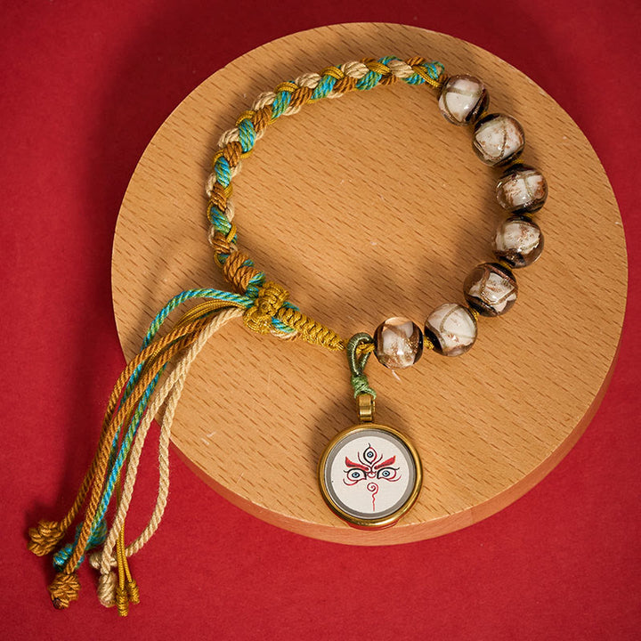 Buddha Stones Braccialetto con perline di vetro Liuli tibetano, cinque direzioni, divinità della ricchezza e occhio di Buddha, simbolo di benedizione. - Jambhala bianca (circonferenza del polso 15-24 cm) - image 19