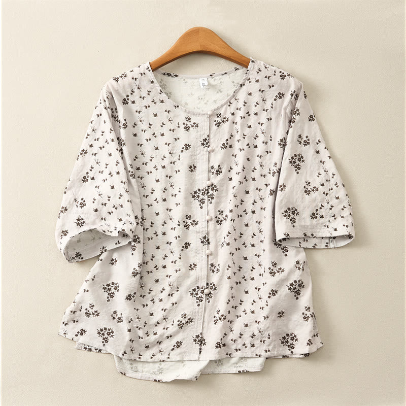 Buddha Stones Camicia da donna casual a maniche a tre quarti con stampa floreale e bottoni. - Grigio chiaro - US12, UK/AU16, EU44 (3XL) - image 15