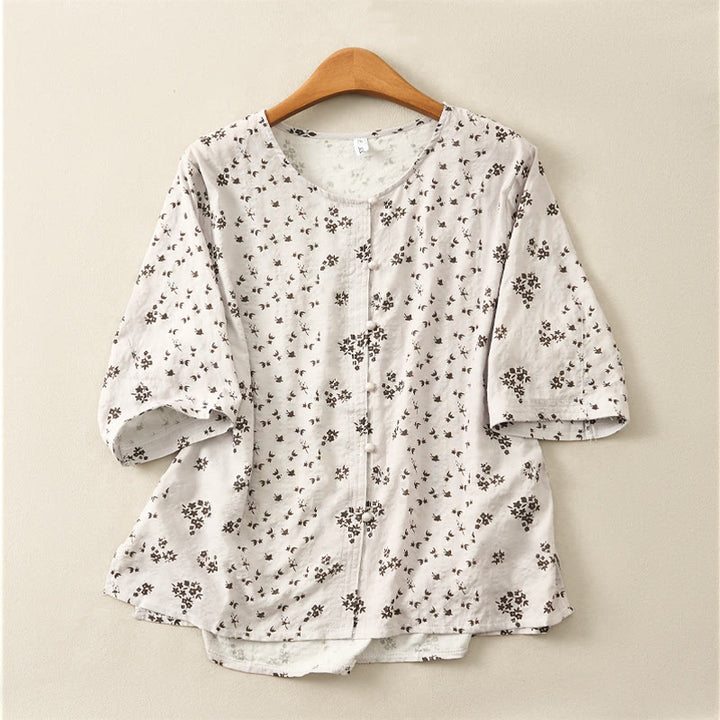 Buddha Stones Camicia da donna casual a maniche a tre quarti con stampa floreale e bottoni. - Grigio chiaro - US12, UK/AU16, EU44 (3XL) - image 15