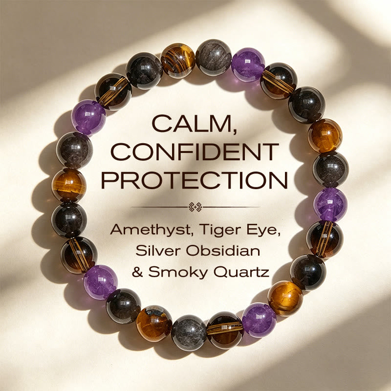 Buddha Stones Bracciale terapeutico con ametista naturale, occhio di tigre, ossidiana nera e quarzo fumé. - 14-16 cm - image 0
