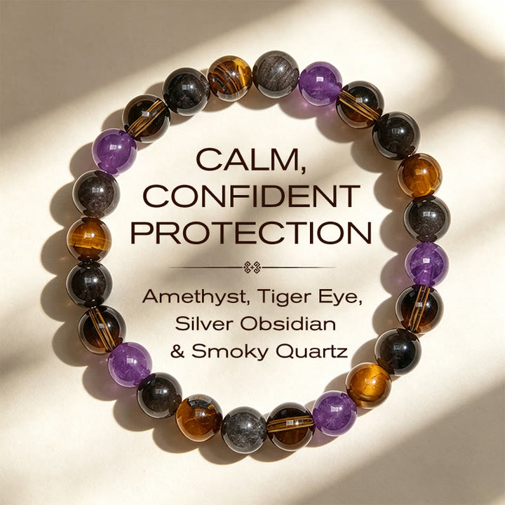Buddha Stones Bracciale terapeutico con ametista naturale, occhio di tigre, ossidiana nera e quarzo fumé. - 14-16 cm - image 0