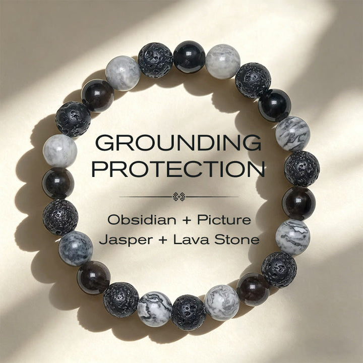 Buddha Stones Bracciale di supporto in ossidiana nera, pietra lavica e diaspro Picasso. - Pietra lavica di diaspro Picasso in ossidiana nera (circonferenza del polso 14-16 cm) - image 0