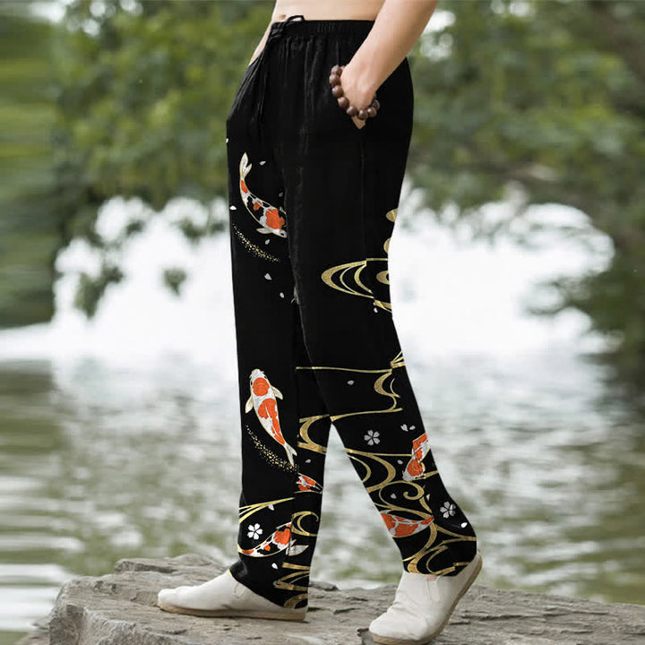 Buddha Stones Pantaloni da uomo affusolati in cotone con motivo a onde di pesci koi e tasche. - image 1