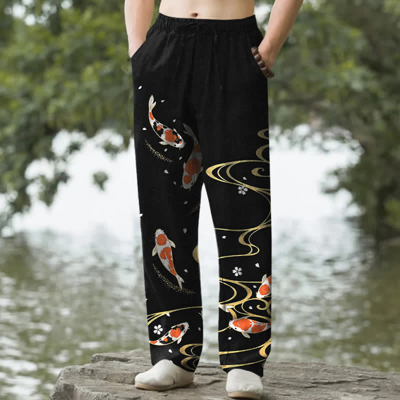 Buddha Stones Pantaloni da uomo affusolati in cotone con motivo a onde di pesci koi e tasche. - Nero - US/UK/AU50, EU60 (5XL) - image 0
