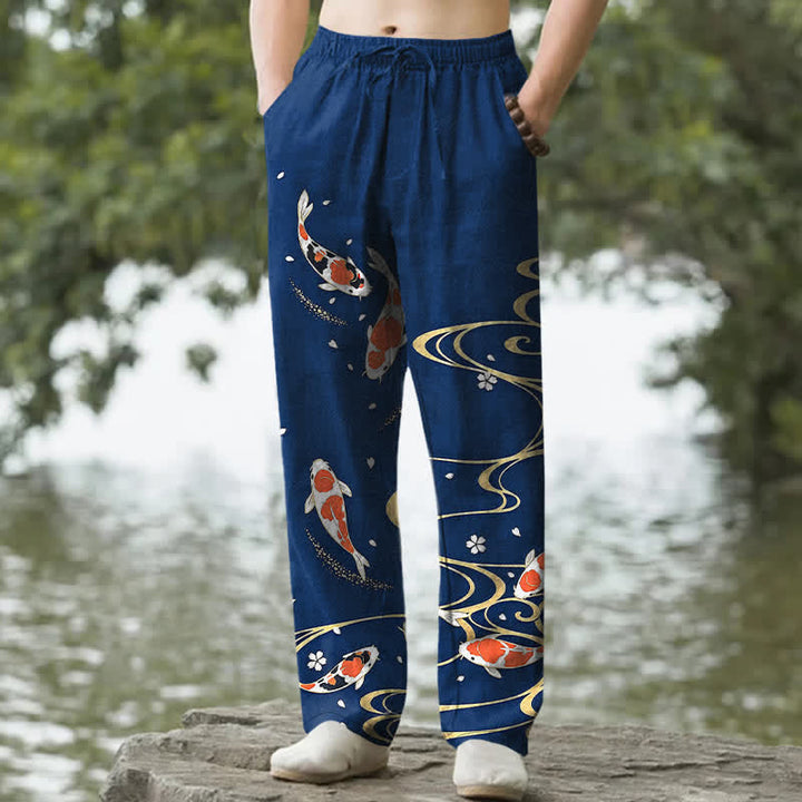 Buddha Stones Pantaloni da uomo affusolati in cotone con motivo a onde di pesci koi e tasche. - Marina - US/UK/AU50, EU60 (5XL) - image 8