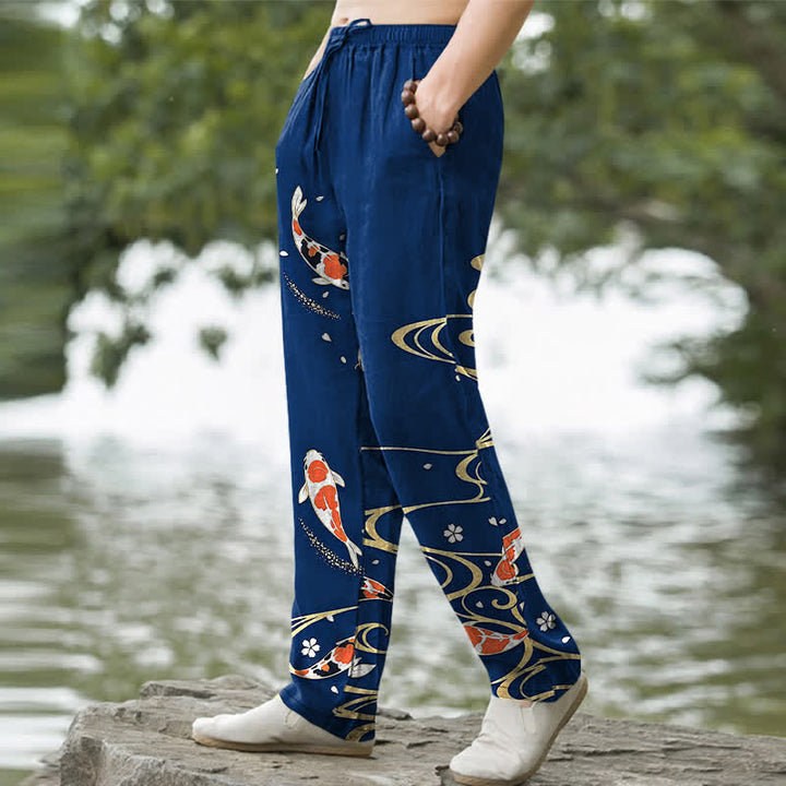 Buddha Stones Pantaloni da uomo affusolati in cotone con motivo a onde di pesci koi e tasche. - image 9