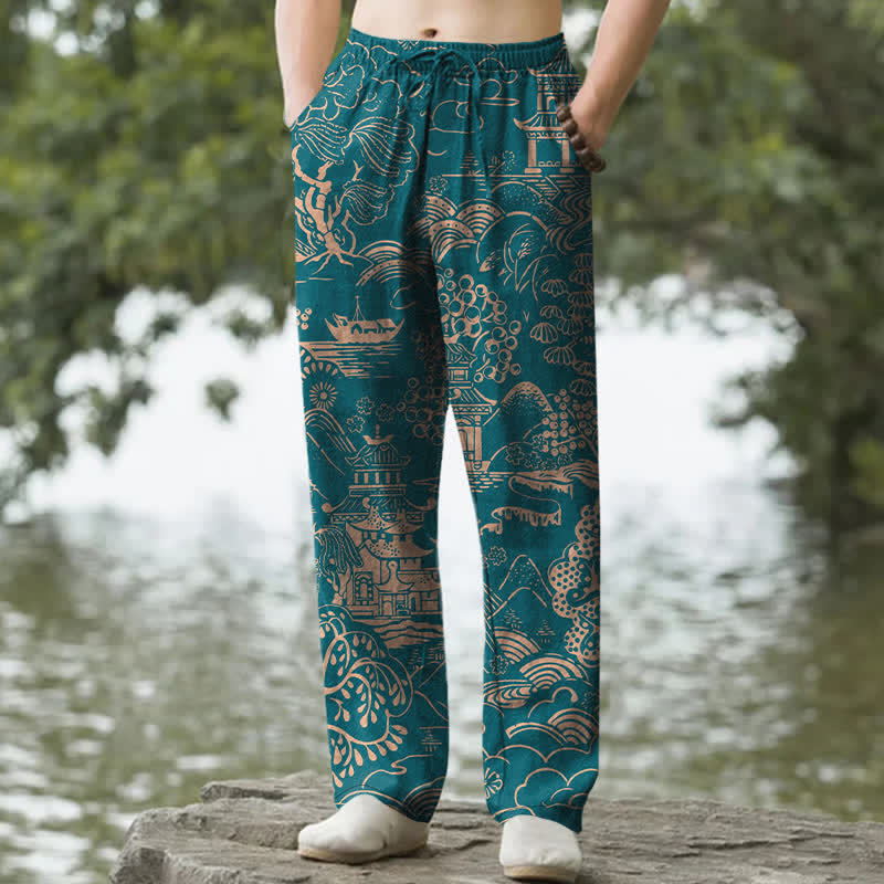 Buddha Stones Pantaloni da uomo affusolati in cotone con motivo paesaggistico orientale e tasche. - Verde acqua - US/UK/AU50, EU60 (5XL) - image 0