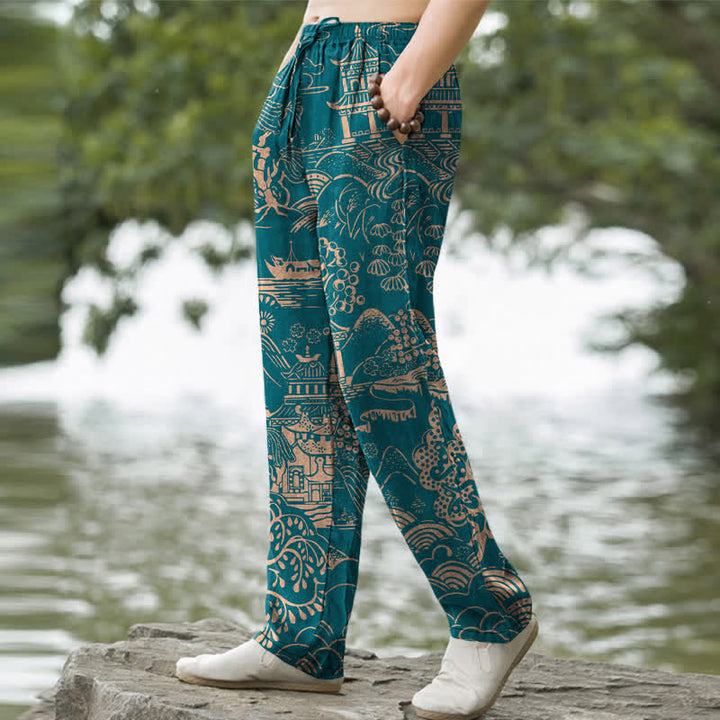 Buddha Stones Pantaloni da uomo affusolati in cotone con motivo paesaggistico orientale e tasche. - image 1