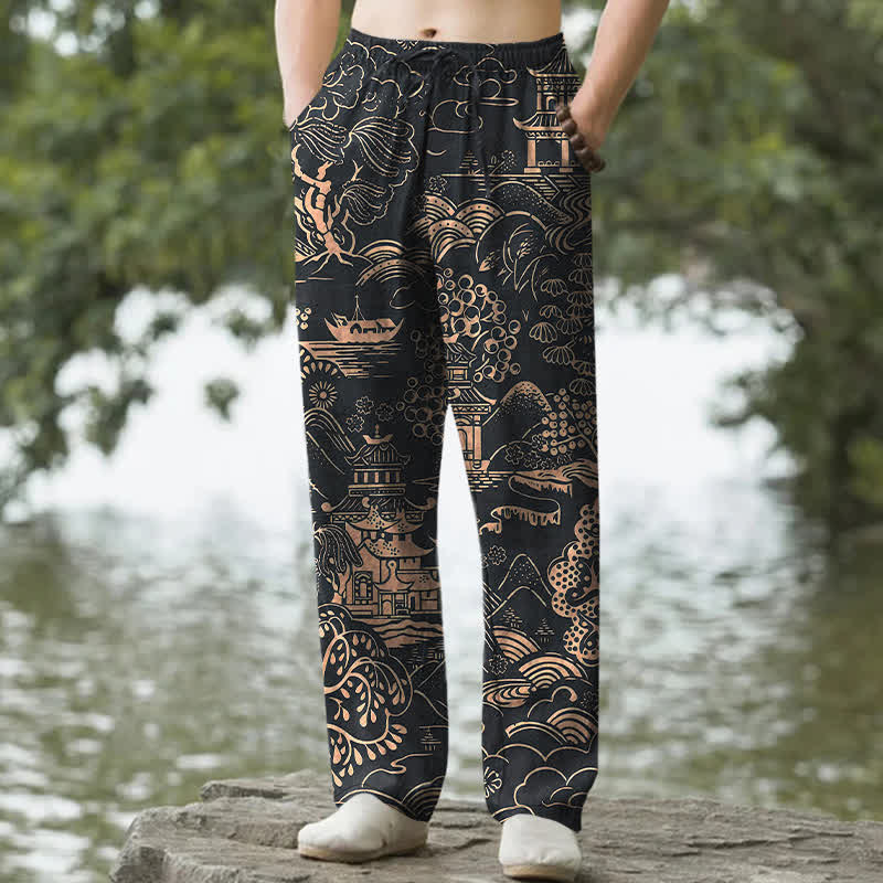 Buddha Stones Pantaloni da uomo affusolati in cotone con motivo paesaggistico orientale e tasche. - Nero - US/UK/AU50, EU60 (5XL) - image 4