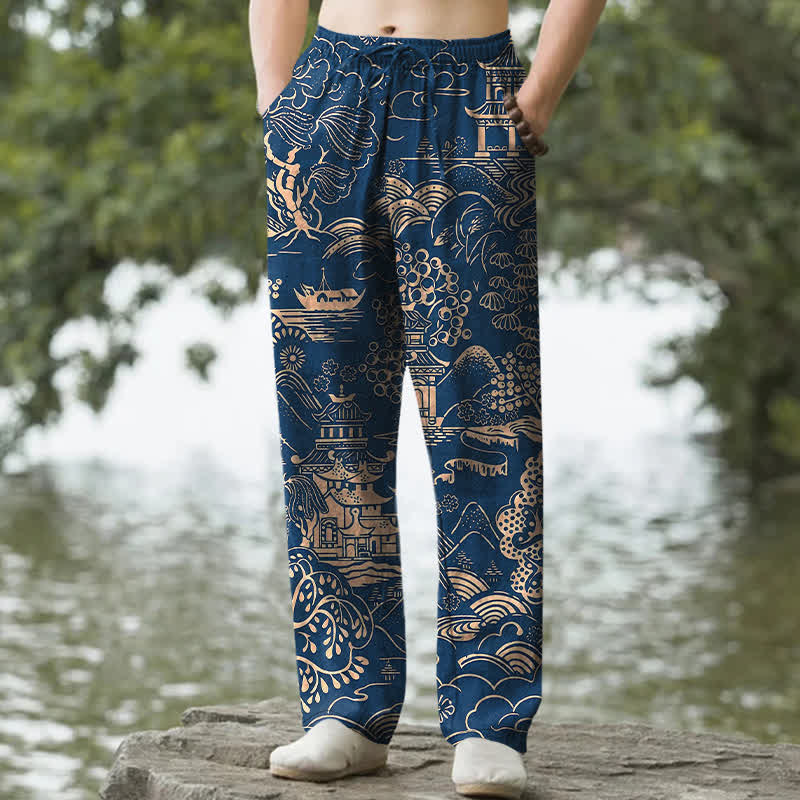 Buddha Stones Pantaloni da uomo affusolati in cotone con motivo paesaggistico orientale e tasche. - Marina - US/UK/AU50, EU60 (5XL) - image 8