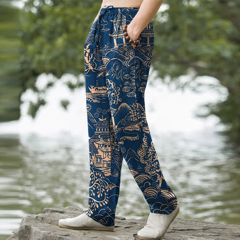 Buddha Stones Pantaloni da uomo affusolati in cotone con motivo paesaggistico orientale e tasche. - image 9